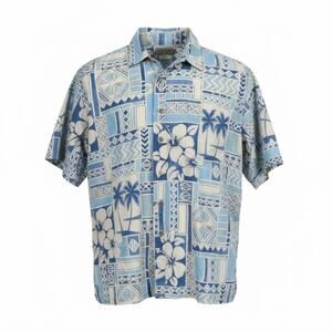 Cooke Street Honolulu Hawaiian Shirt Large Blue Cream Aloha Tropical Resort Luau